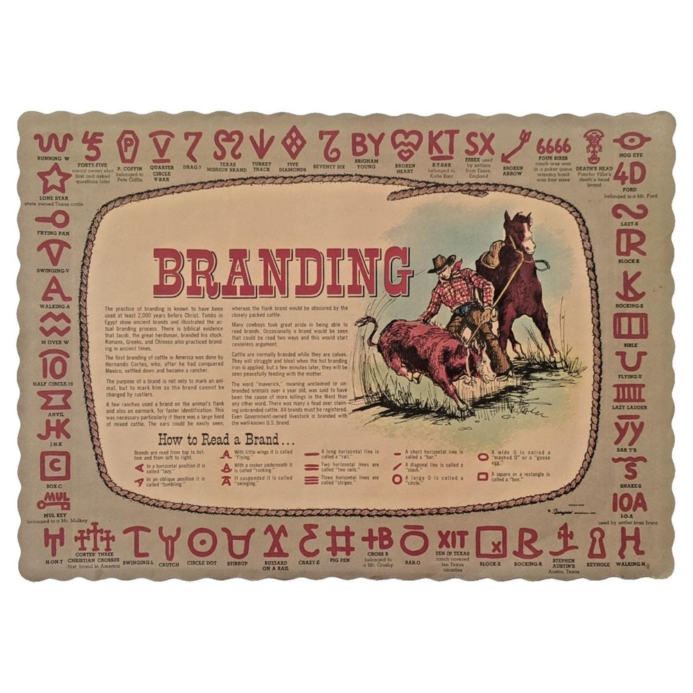 Vintage c1950s Western Paper Placemat Branding Cattle Brands Cowboy Ranch Decor